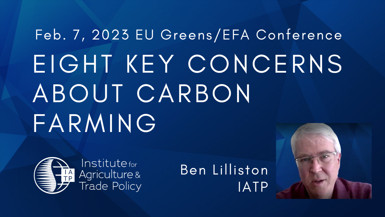 White text on blue background next to small image of Ben Lilliston. "Eight Key Concerns about Carbon Farming."