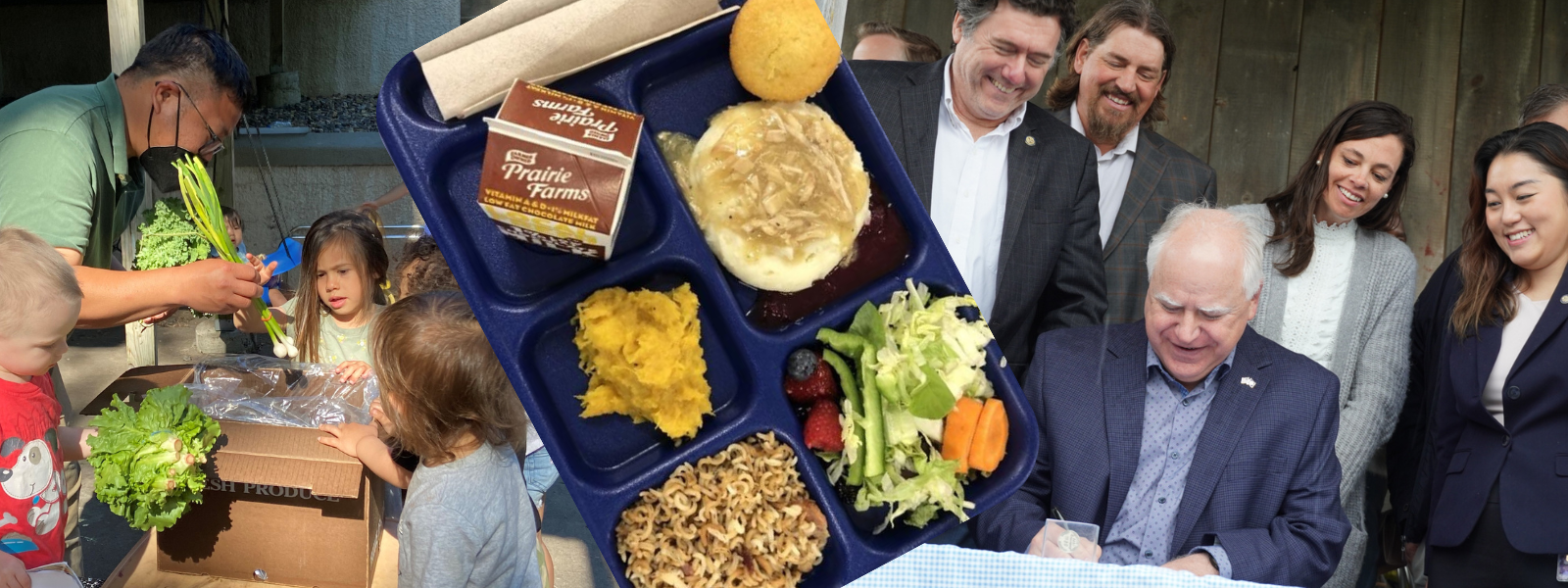 Photo collage of: HAFA CSA box delivery at an early care provider; Fond du Lac Ojibwe School local school lunch; Governor Walz signing 2023 MN agriculture budget