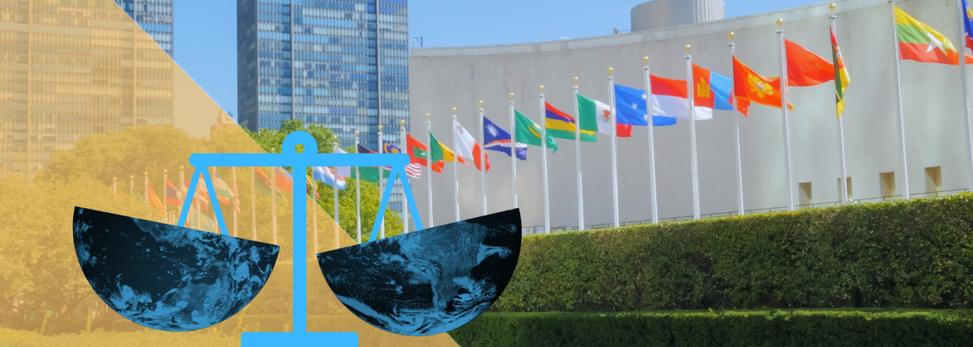 U.N. headquarters NYC with image of globe and scales