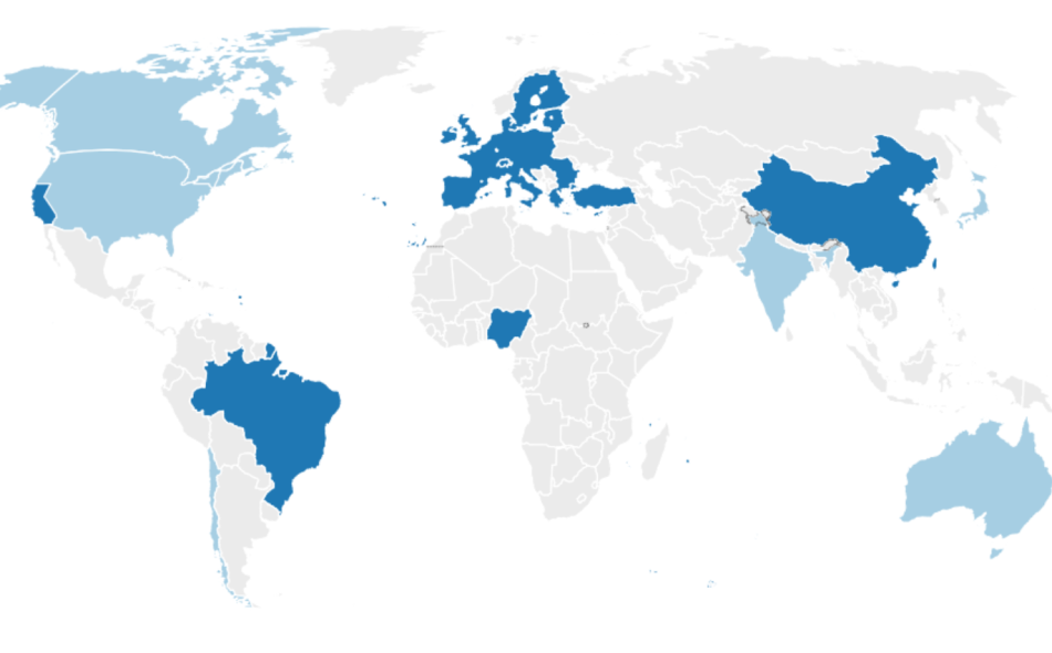 World map highlighting countries and jurisdictions with climate disclosure rules