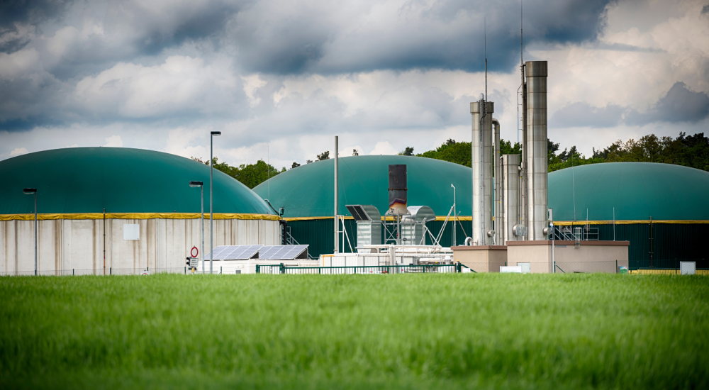 Large green domes of biogas digesters under cloudy sky