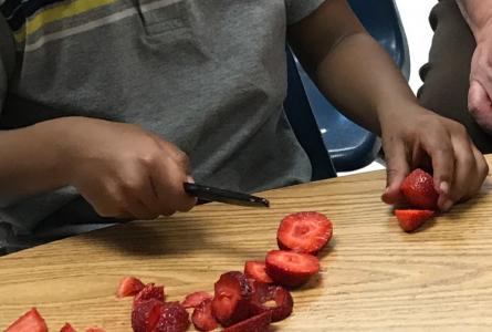 little kid cutting strawberries